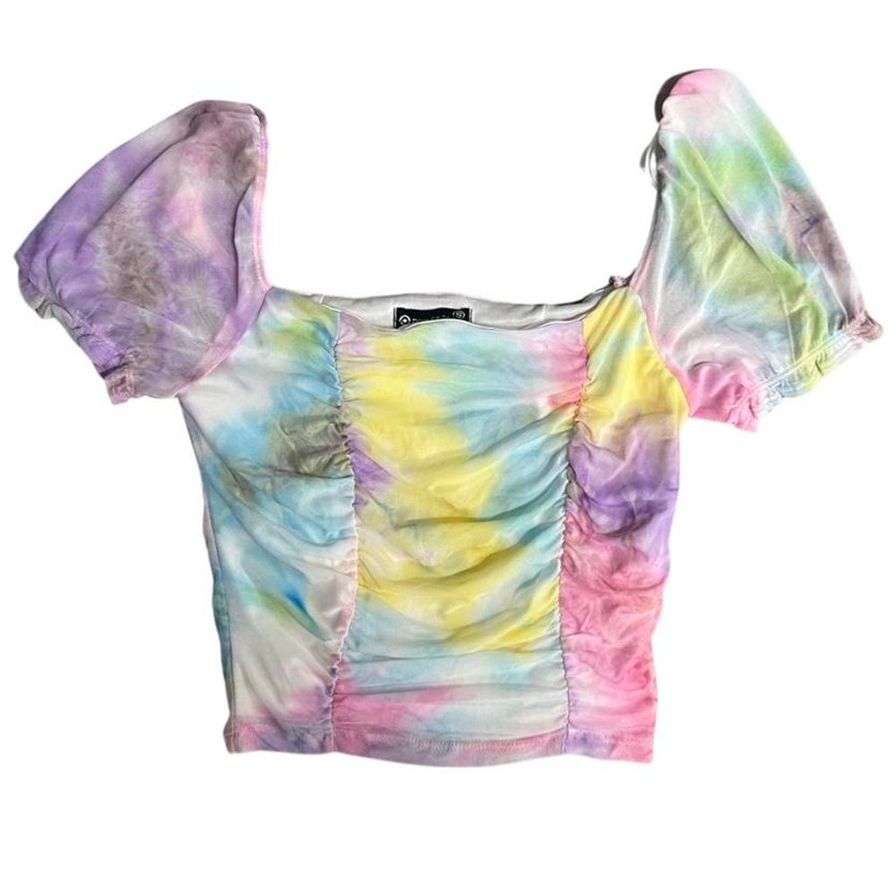 rainbow mesh top with puff sleeves! NWOT